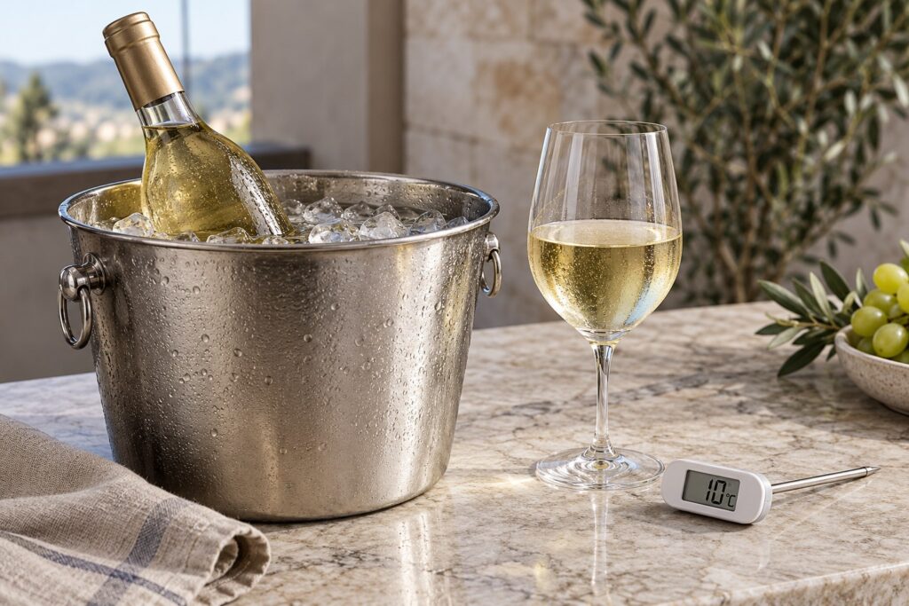 Botella de vino blanco en una cubitera con hielo, copa y termómetro de servicio