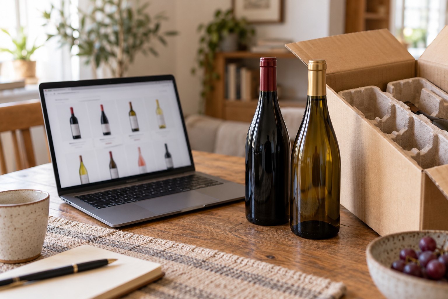 Compra de vino online desde un ordenador junto a dos botellas y un embalaje protector