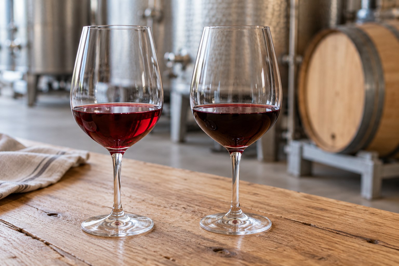 Dos copas de vino tinto frente a depósitos y barricas en una bodega