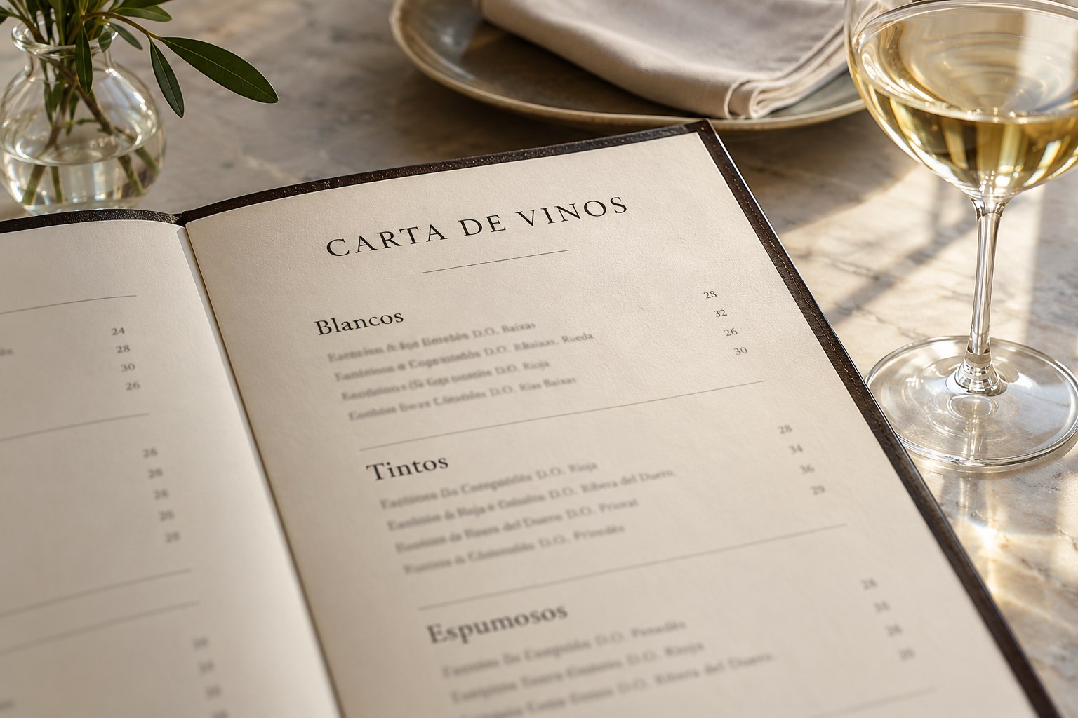 Carta de vinos abierta con una copa sobre la mesa, sin identificación del restaurante