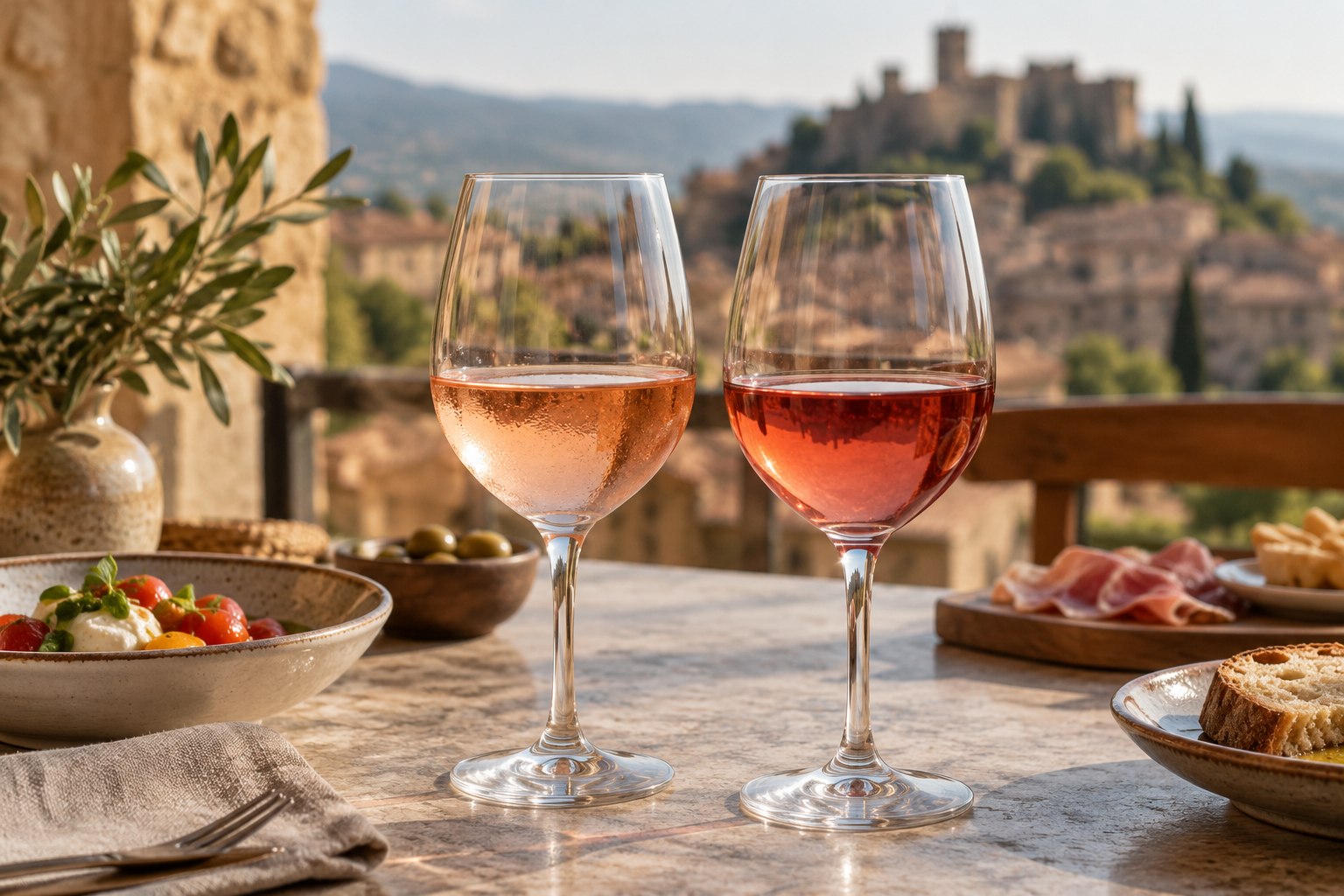 Dos copas de rosado y clarete con diferentes intensidades de color sobre una mesa