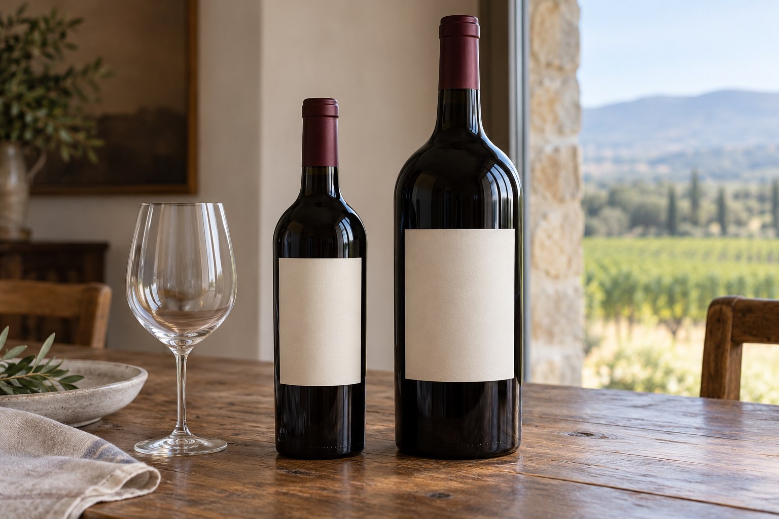 Comparación visual entre una botella de vino estándar y una botella magnum de mayor tamaño
