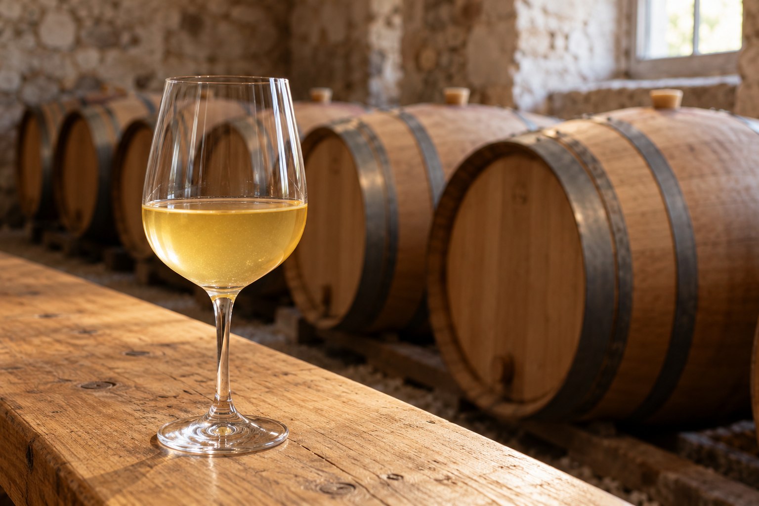 Copa de vino blanco ligeramente turbio junto a barricas en una bodega