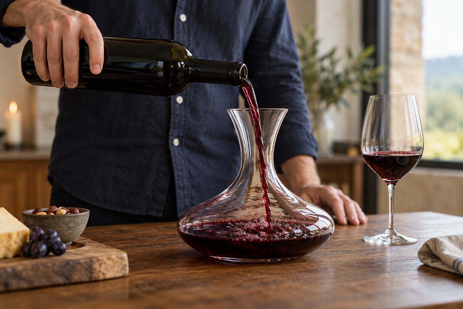 Decantar un vino tinto: trasvase de la botella a un decantador de cristal